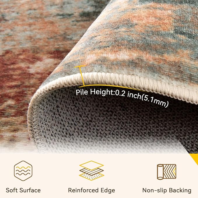 Washable Area Rugs 6'x8' Non-Slip Modern Abstract Soft for Living Room Entryway Bedroom Nursery, Print Pattern, Brown Rust Red Multi