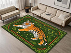 Jungle Tiger Area Rug,5x8ft, Cozy Jungle Style Tiger Print Area Rug Surrounded by Green Plants and Yellow Flowers Washable Animal Rug for Farmhouse Living Room Bedroom Kitchen Kids Room Decor