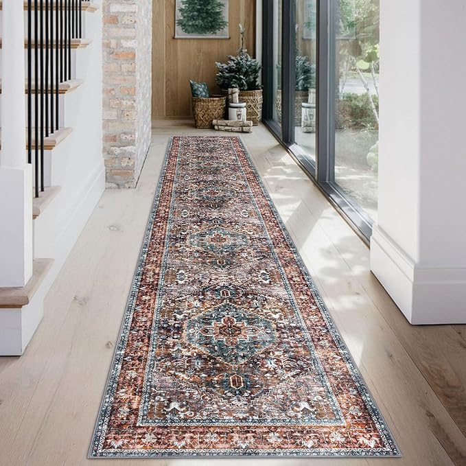 KOZYFLY Runners for Hallways 2x12 Ft Washable Kitchen Runner Rug Boho Long Runner for Entryway Indoor Printed Faux Wool Carpet for Bedroom Kitchen Hall, Brick Red/Orange/Green