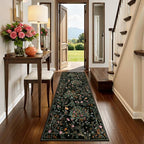 Morebes Floral Washable Rug Runners for Hallways Non Slip, Flower Kitchen Runner Rug 2x6, Boho Botanical Ultra-Thin Soft Floor Carpet for Bathroom Entryway Laundry Room, Black