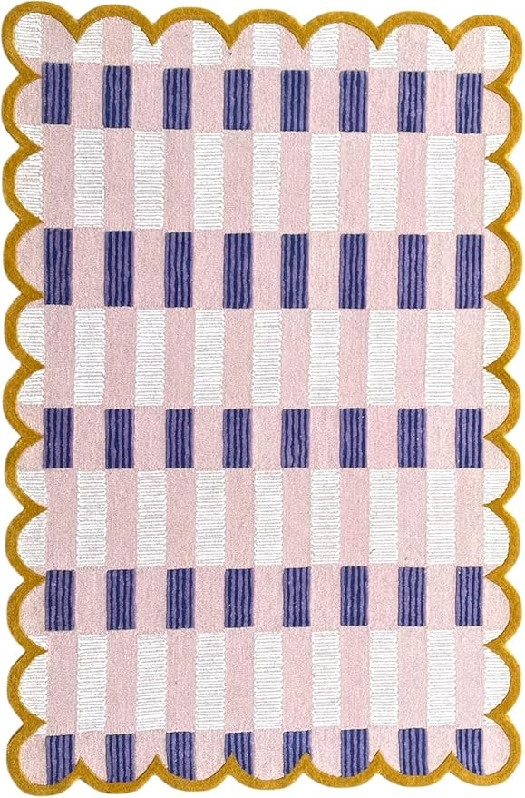 Hand-Tufted Wool Rug with Scalloped Edges, Light Blue Plaid Pattern, Cozy Soft Area Rug for Living Room, Bedroom, and Nursery, Handmade Modern Accent Rug (Pink, 9X13 FEET)
