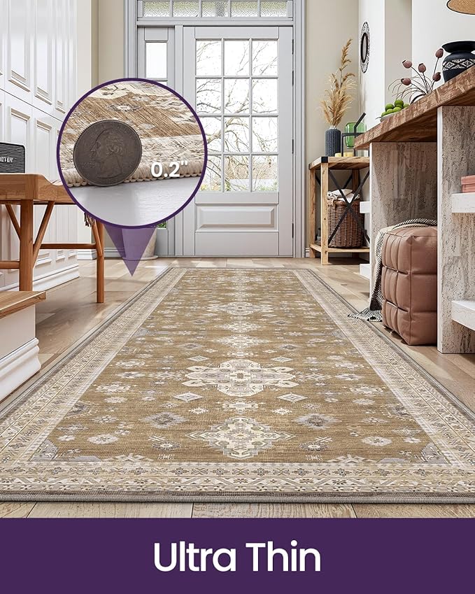 DEXI Hallway Runner Rug 3x12, Distressed Non Slip Runners Carpet, Boho Vintage Soft Thin Indoor Rug, Stain Resistant Washable Entry Mat for Entryway Kitchen Laundry Room Living Room, Light Brown
