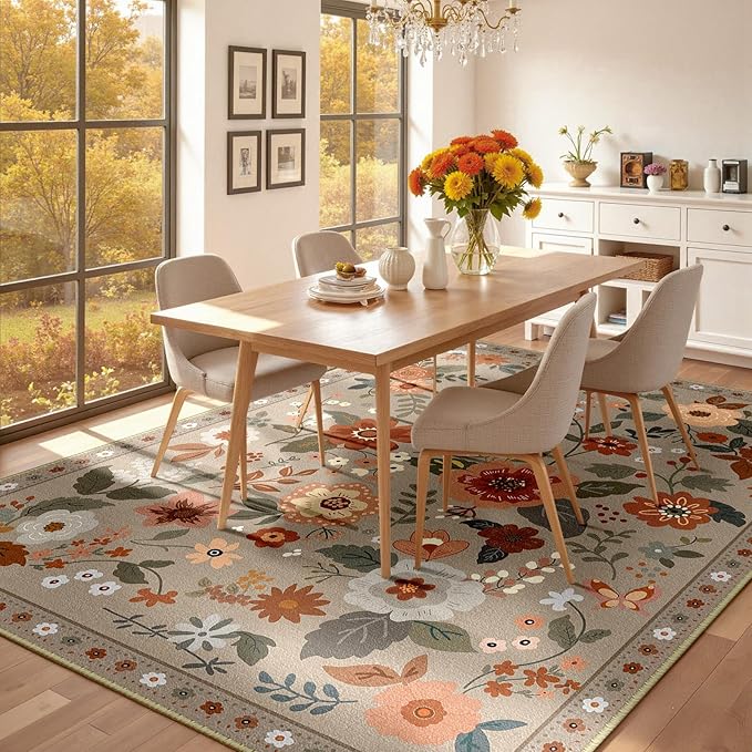 Floral 8x10 Area Rug Machine Washable Soft Print Boho Carpet Non Slip Doormat Low Pile Flower Area Rugs for Living Room Bedroom Nursery Kitchen Dining Room Indoor-Brown/Brick