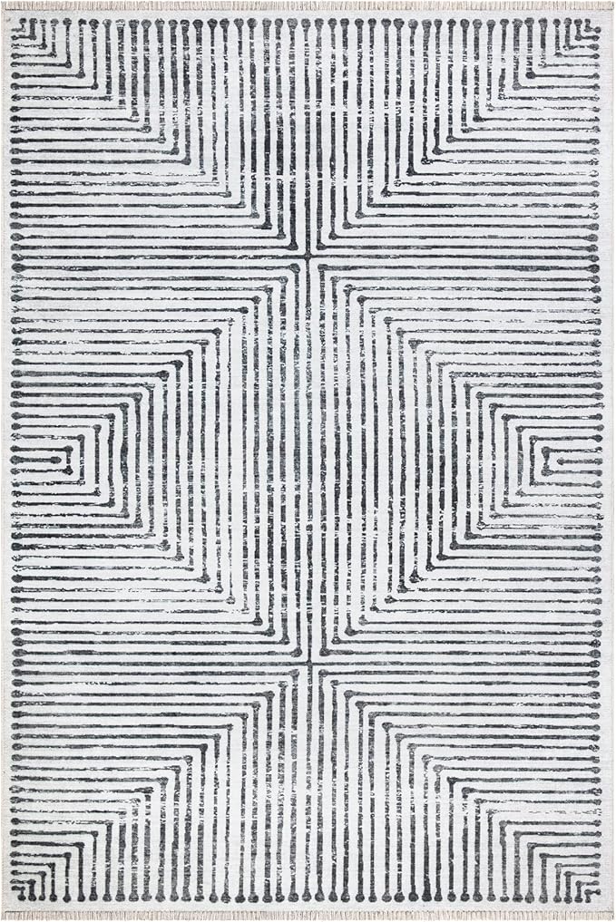 Bloom Rugs Caria Washable Non-Slip 8x10 Rug - Ivory/Black Striped Area Rug for Living Room, Bedroom, Dining Room, and Kitchen - Exact Size: 7'8" x 10'