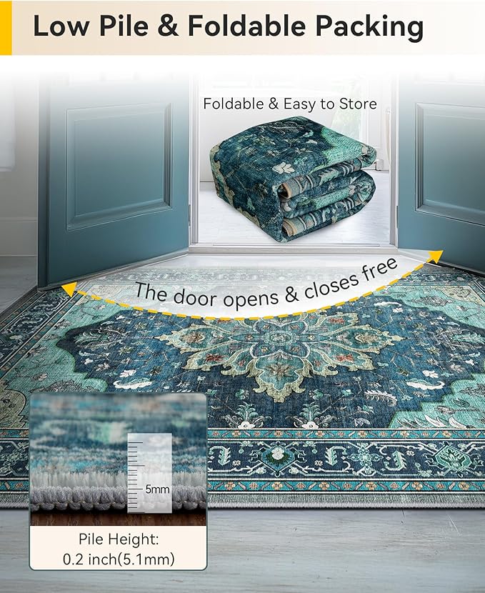 Area Rugs 5ft Washable Non-Slip, Floral Vintage Distress Print Pattern Medallion Carpet for Living Room Bedroom Dining Room, Teal Green Lake Blue Turquoise