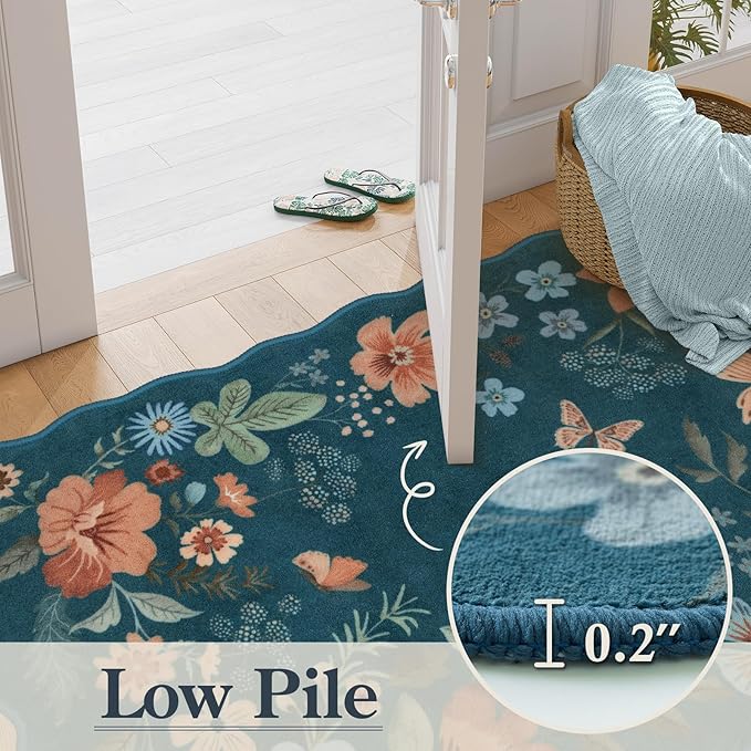 Lahome Floral Kitchen Runner Non-Slip, 2X6 Soft Washable Hallway Runner Rug, Ultra-Thin Stain Resistant Boho Laundry Room Rug Low-Pile Carpet for Bathroom Entryway Bedroom, Navy Blue