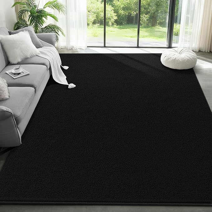 Modern Large Area Rug for Bedroom Living Room, 4x6 Feet Black Thickened Memory Foam Washable Rugs, Non-Slip Soft Minimalist Solid Indoor Carpets for Boys Girls Nursery Room Décor