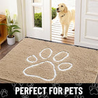Smiry Dog Door Mat for Muddy Paws, Absorbent Dirt Trapper Non Slip Quick Dry Washable Chenille Mat for Mud Dogs, Entry Rug for Indoor and Outdoor (59x35 Inches, Beige and White)