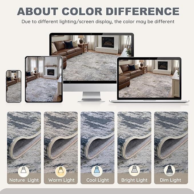 Area Rug Living Room Rugs - 5x7 Washable Large Soft Indoor Neutral Modern Abstract Low Pile Rug Carpet for Bedroom Dining Room Farmhouse Home Office - Blue/Grey/Brown