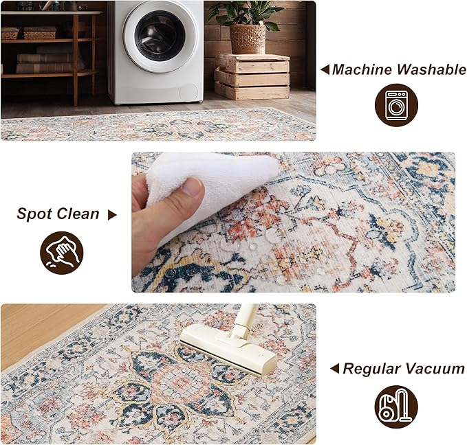 XWZO Runner Rug 2x6ft, Washable Hallway Runner with Non-Slip Backing, Vintage Spill Stain Resistant Floor Mat for Entryway Corridor Bedroom Kitchen, Soft Low-Pile Area Carpet, Colorful