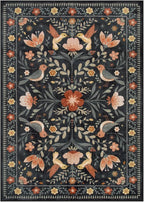 Moynesa Bedroom Rug 5x7, Washable Modern Transitional Black Area Rugs for Living Room Dining Room, Farmhouse Floral Bird Print Carpet, Folk Art Home Decor Open Floor Areas Non-Slip Protection