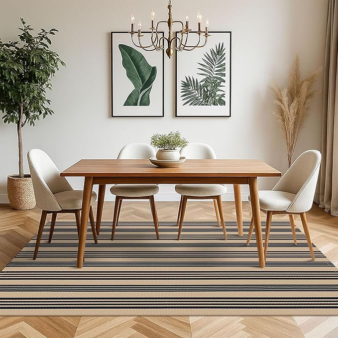 KOZYFLY Striped Outdoor Rug 5x7 Ft Area Rug Brown and Black Washable Indoor Outdoor Rug Cotton Outdoor Patio Rugs Farmhouse Rugs for Living Room Carpet for Patio Dining Room Bedroom