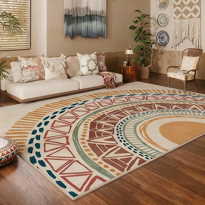 Colorful Geometric Sun Rug, Sun Pattern Rug, Geometric Area Rugs, Colorful Abstract Rugs, Washable Boho Carpet for Living Room, Bedroom, Dining Room, Office (10' x 12'(Rectangular))