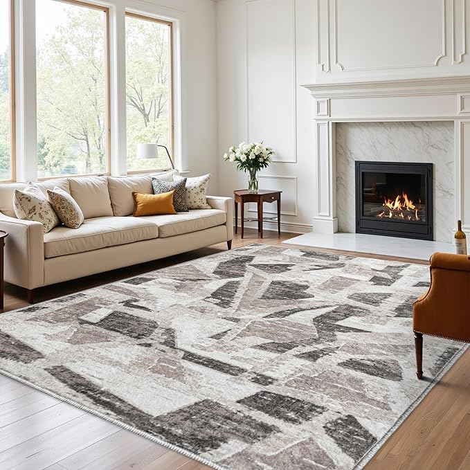 8X10 Area Rugs for Living Room Bedroom,Modern Abstract Large Carpet Washable Rugs 8x10 for Dining Room Office,Non Slip Gray Print Faux Wool Thin 8 by 10 Indoor Nursery Kids Home Pet & Child Friendly