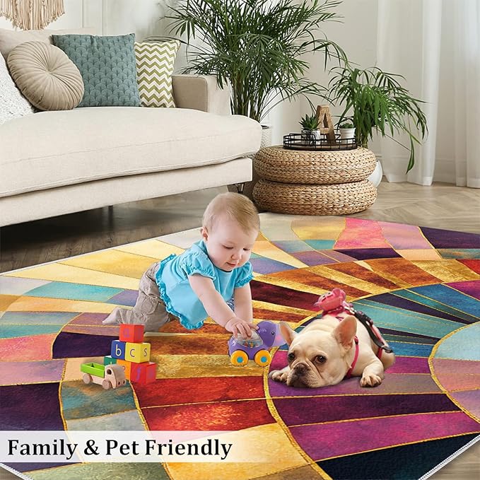 Chromatic Geometric Area Rugs 3x5ft, Abstraction Deco Boys Rugs for Bedroom, Mosaic Sunburst Kids Room Rug Soft Fuzzy Washable for Living Room Game Room Coffee Table