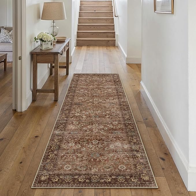 HUGEAR 2x6 Runner Rug Machine Washable Brick Red Hallway Area Rugs Indoor Accent Rugs Floral Low Pile Carpet Distressed Throw Rug Bedroom Living Room Office Dining Kitchen Laundry Non Slip