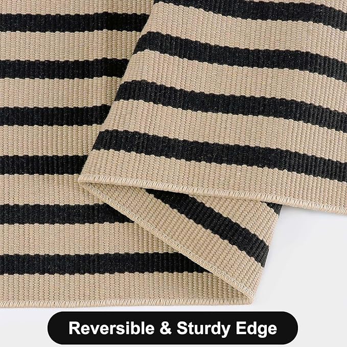 Outdoor Rug Front Door Mat 2'x4.3', Cotton Indoor Doormat Washable Black and Tan Striped Rug, Stain Resistant Reversible Layered Door Mats for Entryway/Farmhouse/Home Entrance
