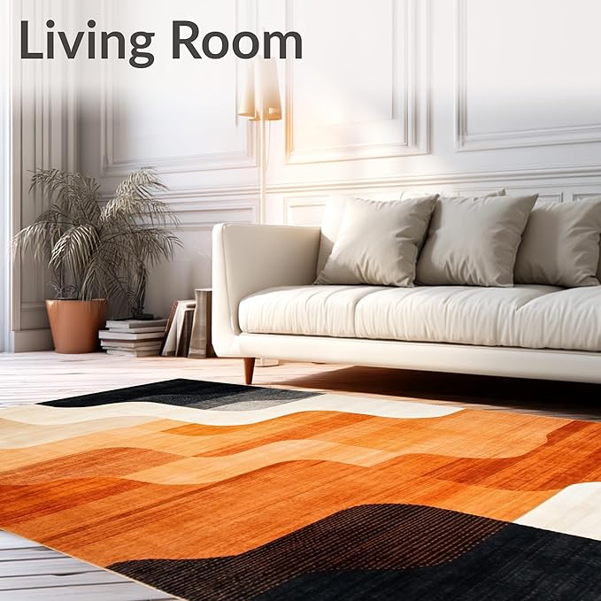 Flatwoven High Traffic Area Rug 6x9, Copper Black Burnt Orange Abstract Indoor Floor, Non Slip, Stain Resistant, Washable Area Rugs for Living Room, Bedroom (Beige, 6x9)