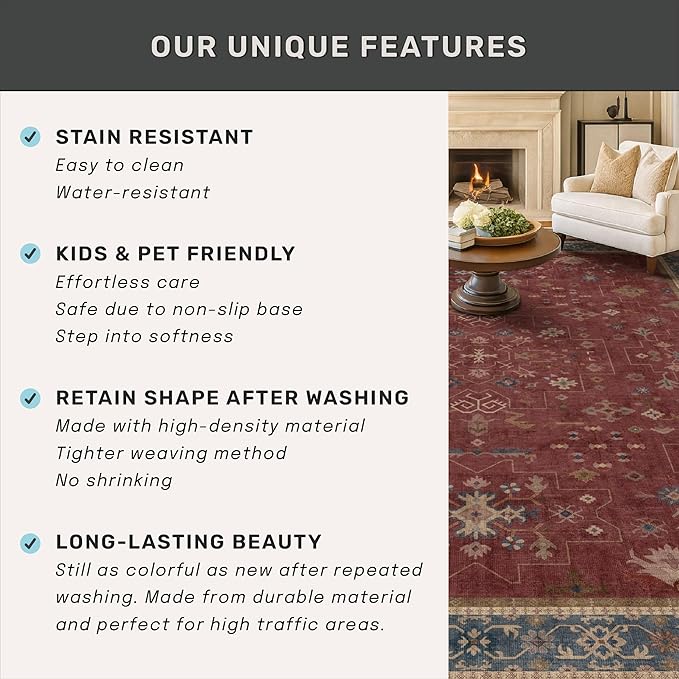 Moroccan Big Rugs for Living Room - Dark Red 10x14 Area Rug for Large Bedroom, Dining Room, Washable Lightweight Low Pile Foldable Oriental Burgendy Home Décor