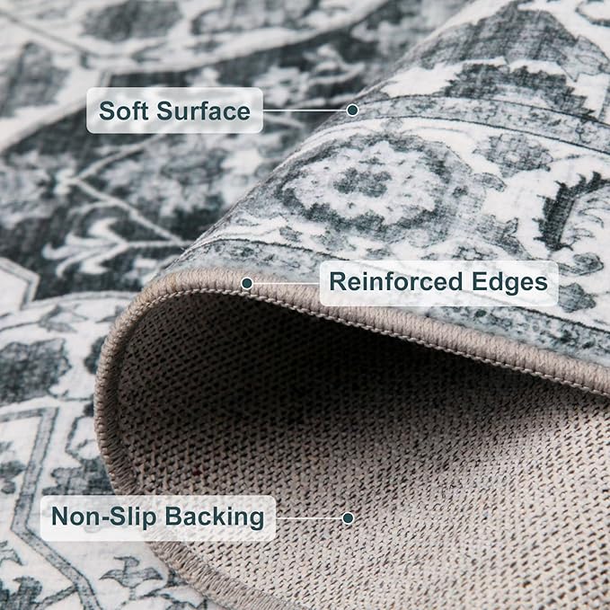 WILLSUN Washable Area Rugs, 5x7 Non-Slip Boho Large Area Rugs for Living Room, Bedroom, Machine Washable Vintage Rug, Indoor Floral Print Carpet for Home Decor, Kid & Pet Friendly Mat
