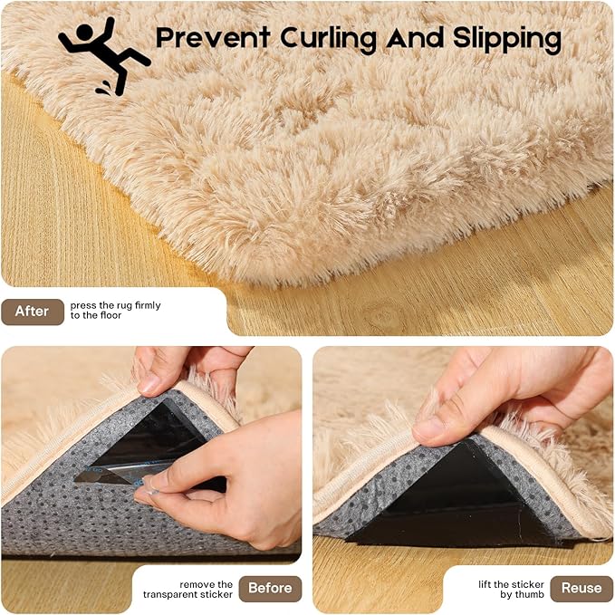 2x3 Light Tan Rugs for Bedroom Living Room, Fluffy Small Area Rug Soft Shag Carpet for Kids Boys and Girls Room with 4 Rugs Non-Slip Stickers Dorm Home Decor (2ft x 3ft)
