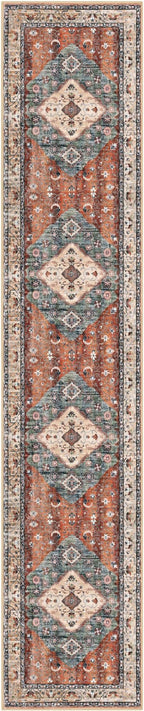 KOZYFLY Runners for Hallways 2.6x12 Ft Extra Long Washable Kitchen Boho Runner Rug for Entryway Indoor Rust/Orange/Blue Printed Faux Wool Stair Runner Floor Carpet Runner for Stair Kitchen Hall