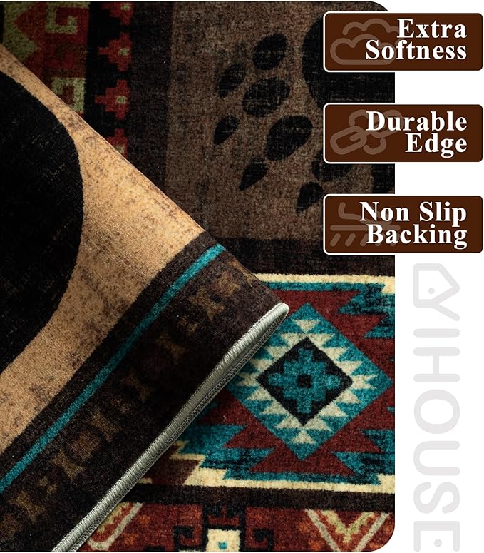 Hallway Runner Rug 2x6 Indoor Door Mat - Bear Rustic Cabin Non-Slip Entryway Rug, Low Pile Tribal Print for Kitchen, Bedroom