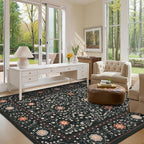 GarveeHome Boho 8x10 Area Rugs for Living Room, Floral Vintage Rugs for Bedroom with Soft Low Pile, Non Slip Stain Resistant Washable Rug 8x10 for Dining Room Black Large Carpet for Office Playroom