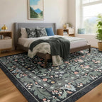 Dark Green Floral 8x10 Area Rugs for Living Room Large Washable Rug Vintage Forest Low Pile Non Slip Stain Resistance Soft Carpet for Dining Room, Bedroom, Kids Room, Nursery Room, Playroom