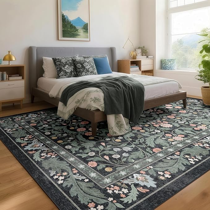 Dark Green Floral 8x10 Area Rugs for Living Room Large Washable Rug Vintage Forest Low Pile Non Slip Stain Resistance Soft Carpet for Dining Room, Bedroom, Kids Room, Nursery Room, Playroom