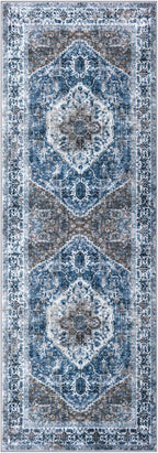 KOZYFLY Runners for Hallways 3x8 Ft Washable Kitchen Runner Rug Boho Runner Rug for Entryway Indoor Blue Printed Oriental Faux Wool Floor Carpet Runner for Bedroom Kitchen Hall