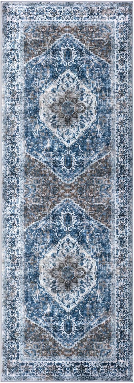 KOZYFLY Runners for Hallways 2x6 Ft Washable Kitchen Runner Rug Boho Runner Rug for Entryway Indoor Blue Printed Oriental Faux Wool Floor Carpet Runner for Bedroom Kitchen Hall