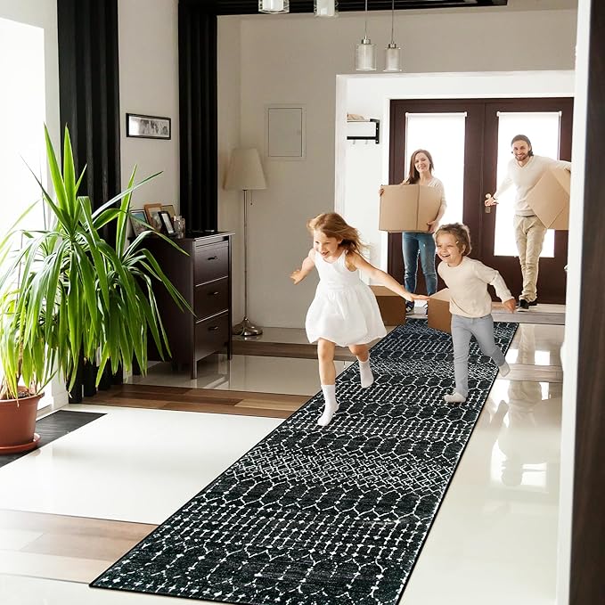 Lahome Moroccan Black Long Runner Washable Hallway Rug, Ultra-Thin Non Slip Kitchen Runner, Soft Modern Print Indoor Floor Carpet for Entryway Stair (Black, 2'5''x12'')