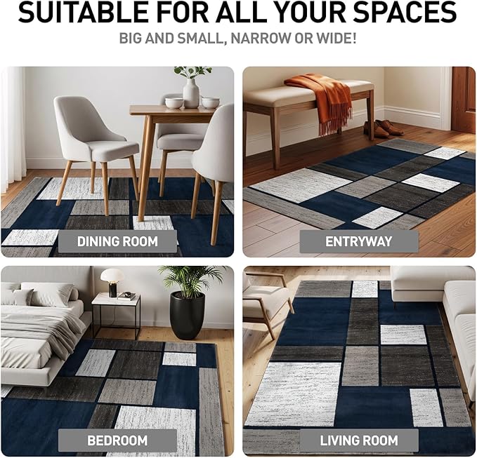 Rugshop Modern Geometric Boxes Navy Area Rug, Non-Shedding Carpet for Living Room, Bedroom, or Family Room, 7'10" x 10'2"