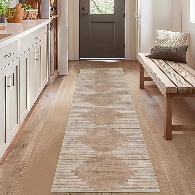 HelloTree Hallway Runner Rug，2x6 Moroccan Modern Stripe Carpet Washable Machine Bathroom Runner Bohemian Modern Soft Non Slip Indoor Rug for Entryway Hallway Laundry Room Bedroom-Pink&Khaki