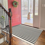 KOZYFLY 3'x5' Cotton Area Rug, Black and Beige Striped Outdoor Rug, Hand-Woven, Machine Washable, Perfect for Front Door, Kitchen, Living Room
