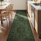 Dark Green Runner Rug 2x10 for Hallways, Retro Distressed Moody Medallion Long Carpet Runner for Entryway Mudroom, Low Pile Thin Soft Kitchen Bathroom Runner Rug Non Slip Washable