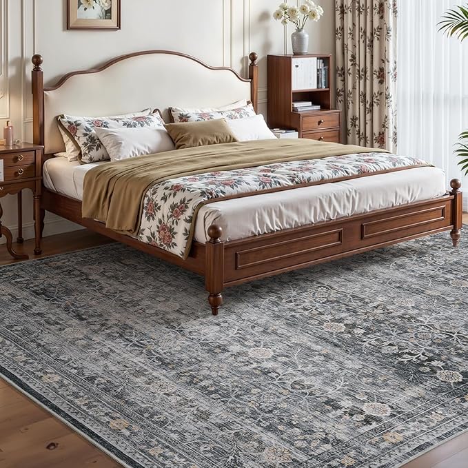 MontVoo-Vintage Area Rug 9X12 Grey Rugs for Living Room-Soft Distressed Printed Rugs for Bedroom-Non Slip Carpet-Machine Washable Rug for Dining Room Living Room Bedside Office