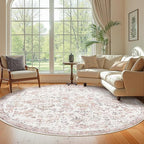 jinchan Kalen Round Rug 8ft Area Rug Washable Vintage Indoor Retro Accent Floor Cover Distressed Floral 8' Round Circle Boho Non Slip Thin Carpet for Living Room Dining Room Bedroom Kitchen Red