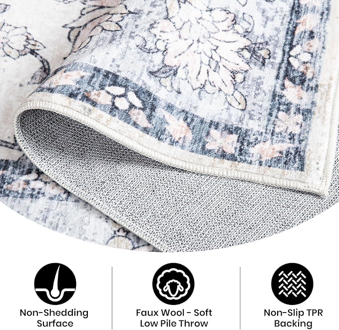 Area Rug 5x7, Washable Faux Wool Throw Rugs for Living Room, 0.3″ Non Slip Low Pile Vintage Boho Carpet for Ding Room, Home Office, Bedroom, Kids Room, Bedside (Gray Purple)