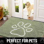 Smiry Dog Door Mat for Muddy Paws, Absorbent Dirt Trapper Non Slip Quick Dry Washable Chenille Mat for Mud Dogs, Entry Rug for Indoor and Outdoor (59x35 Inches, Sage Green and White)