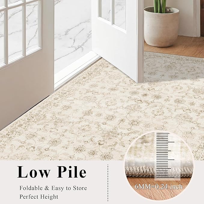 Washable Area Rug 5x7 Beige Rugs for Living Room, Vintage Boho Large Rug for Bedroom Dining Room Office, Distressed Floral Print Carpet for Under Table, Soft Non Slip Low Pile Throw Carpet Indoor Mat
