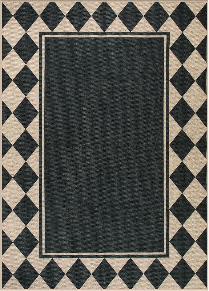 Moynesa Easy Jute Outdoor Rug 5x7 Area Rugs, Washable Checkered Rugs for Living Room Non Slip, Farmhouse Neutral Carpet for Backyard Dining Room Balcony, Black Grid Pattern