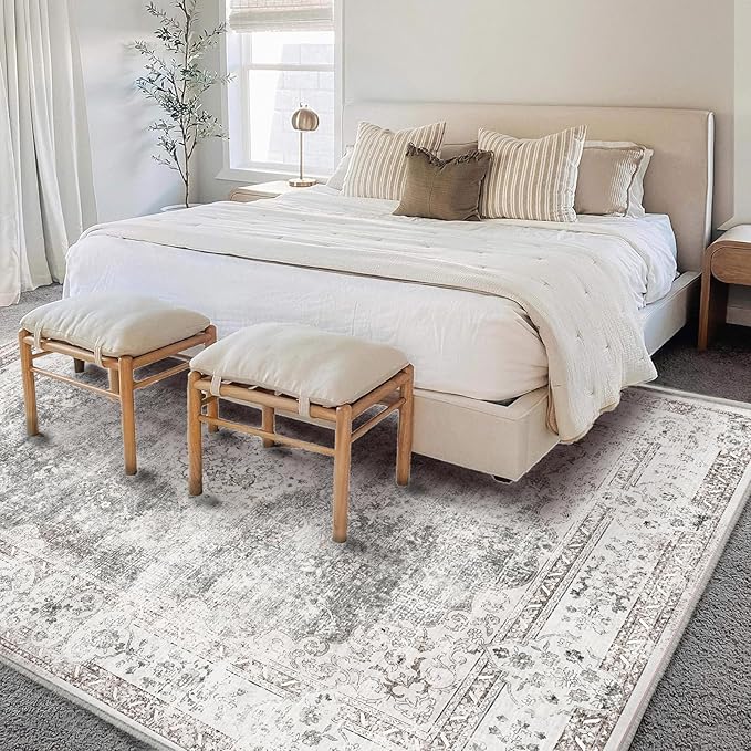 Washable Area Rug 3'x5' Vintage Traditional Floor Cover Foldable Thin Rugs Retro Kitchen Indoor Distressed Non Slip Carpet Floral Print Mat Bedroom Living Room