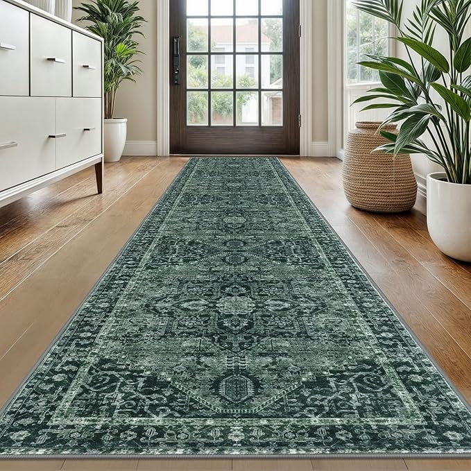 KOZYFLY Long Runners for Hallways 2x10 Ft Washable Kitchen Runner Rug Boho Style Entryway Rug Indoor Printed Faux Wool Stair Runner Carpet for Stairs Bedroom Kitchen Hall, Dark Green