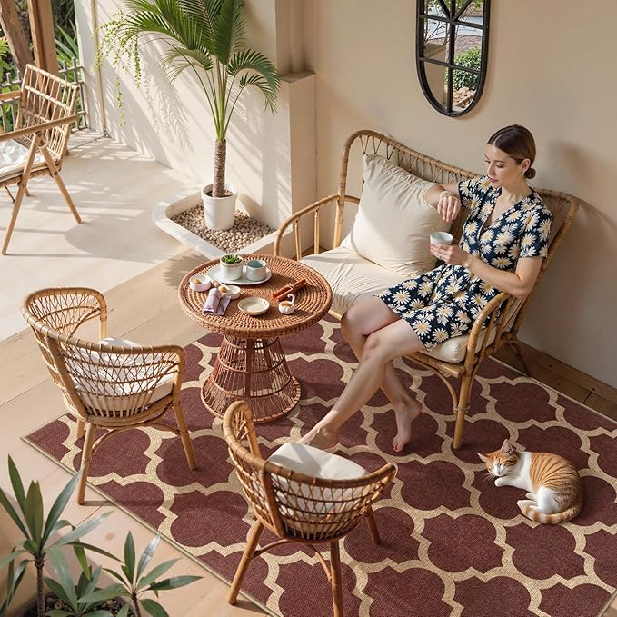 Lahome Moroccan Outdoor Rug 5x7, Easy Jute Red Washable Rugs for Patio Living Room Outdoor Decor, Geometric Woven Area Rug Non Slip for Backyard, Thin Farmhouse Carpet for Bedroom Dining Room