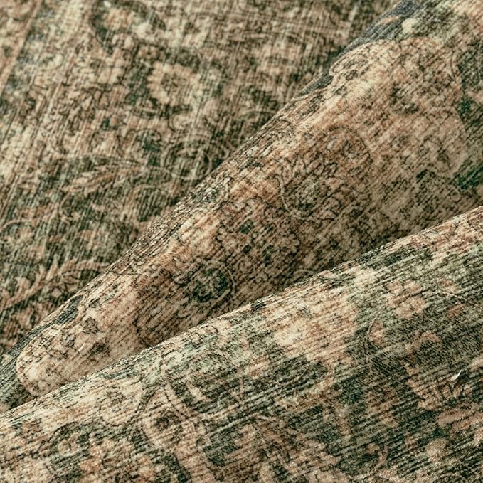 2x10 Washable Vintage Runner Rug Green Brown Hallway Kitchen Carpet Non-Slip Soft Low Pile Distressed Throw Rug for Bedroom Bathroom Laundry Living Room