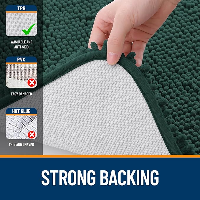 OLANLY Bathroom Rugs 47x24, Extra Soft Absorbent Chenille Bath Rugs, Rubber Backing Quick Dry, Machine Washable Bath Mats for Bathroom Floor, Tub and Shower, Home Decor Accessories, Blackish Green
