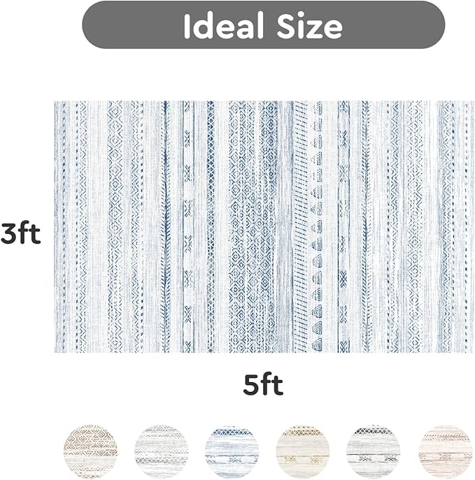 3x5 Area Rug Machine Washable Non Slip Rug Distressed Neutral Moroccan Boho Rug Ultra Soft Indoor Rugs for Bedroom Living Room Entryway Kitchen Foyer Bedside, Blue
