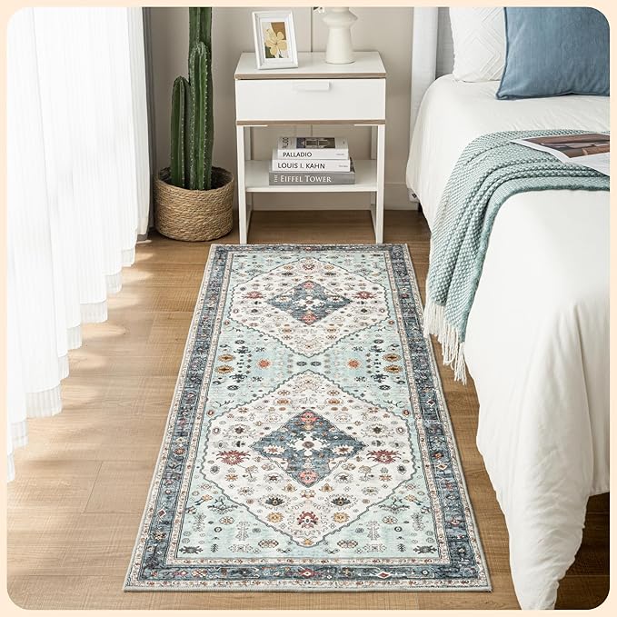 Istana Hallway Runner Rug 2x8 – White Cream/Blue Entryway Rug -Silk's Soft Touch Runners for Hallways - Stylish Kitchen Runner Rug Non Slip